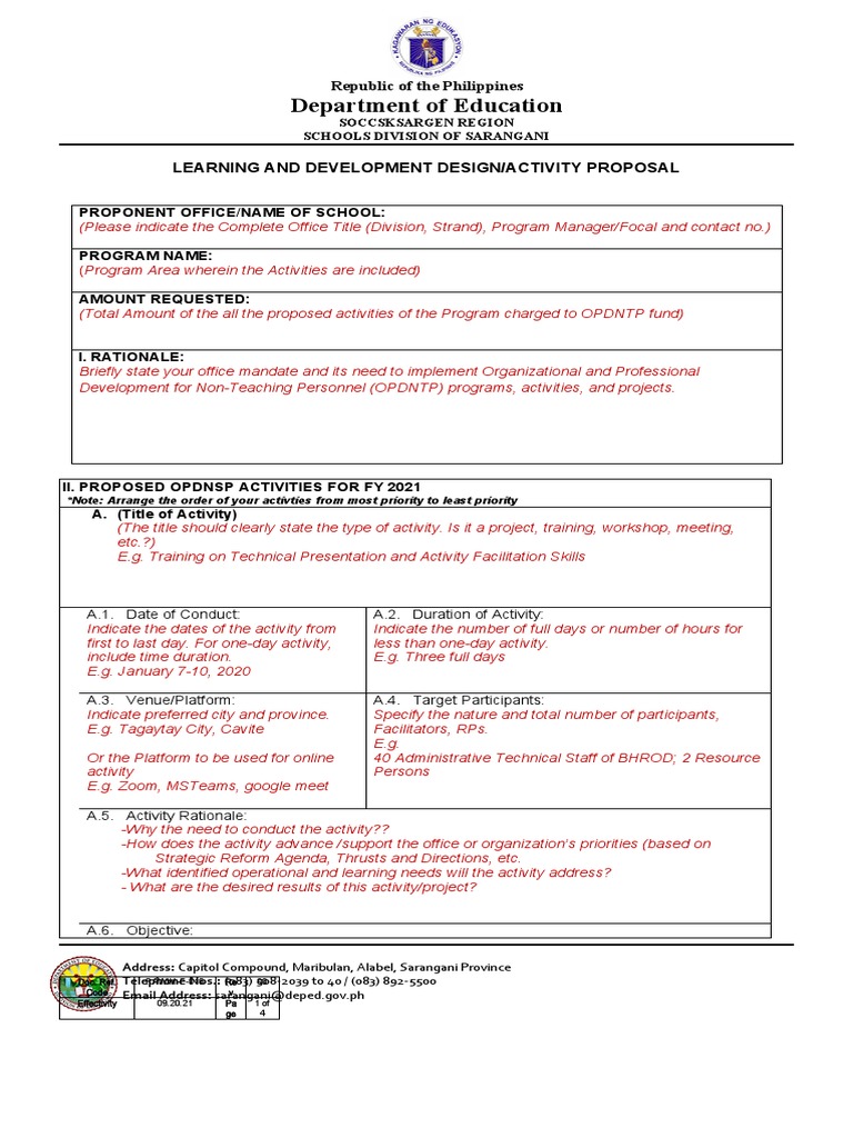 PAWIM F 016 Learning and Development Activity Proposal Template. School ...