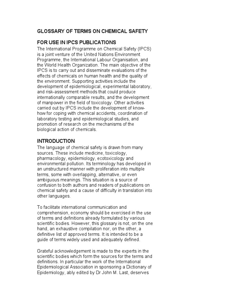 A Guide to Chemical Safety Terminology Glossary of Terms Used in
