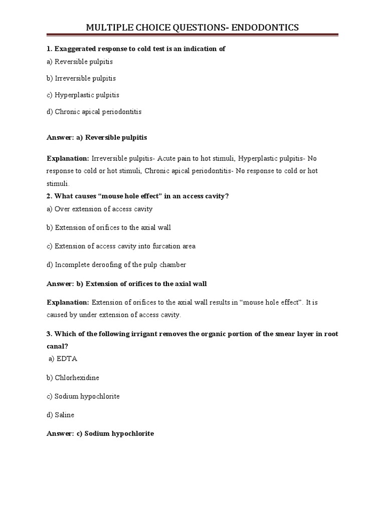 Questions - Endodontics Without Explanation | PDF | Dentistry Branches ...
