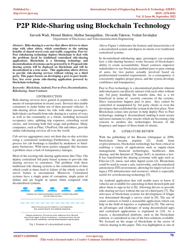 p2p Ride Sharing Using Blockchain Technology IJERTV11IS090045 PDF