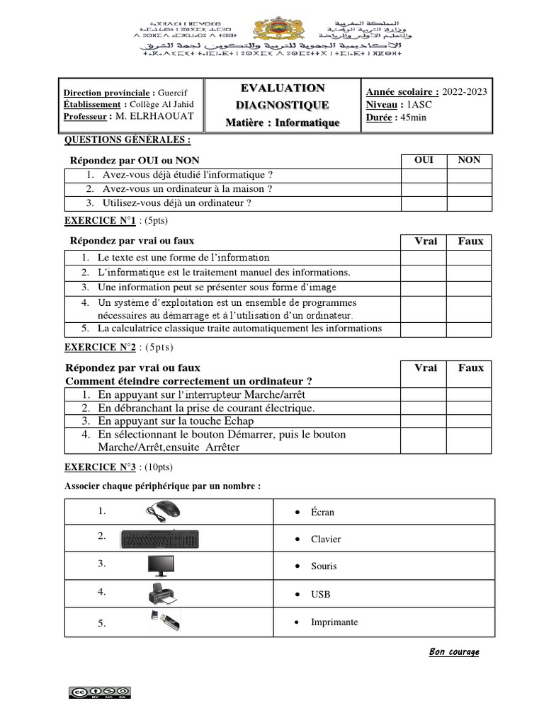 Test diagnostique informatique 6ème | PDF