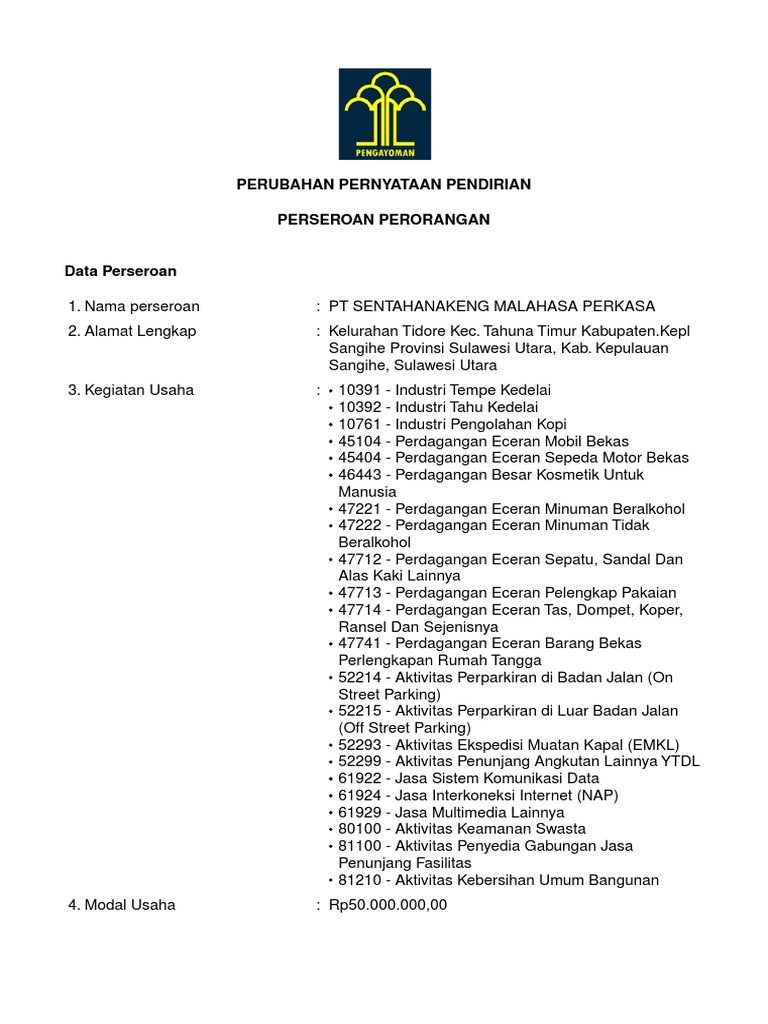 Perubahan Data PT Sentahanakeng Malahasa | PDF