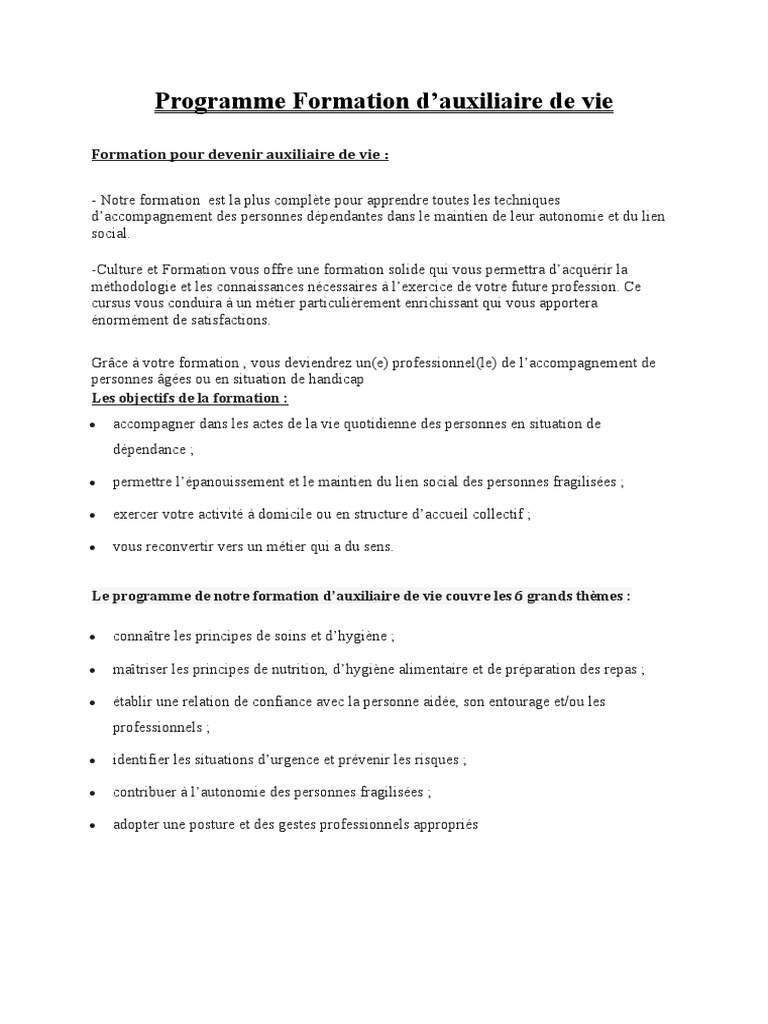 Programme de formation auxiliaire de vie | PDF | Invalidité | Autonomie