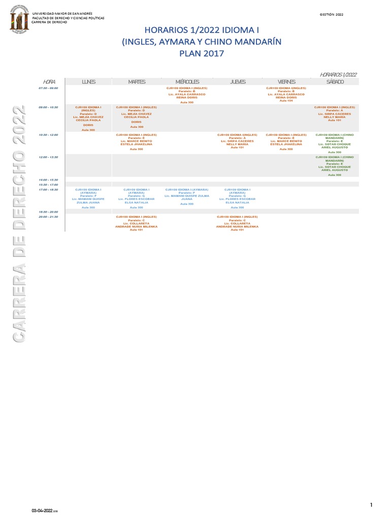 Horarios Idioma I 2022 - UMSA Derecho | PDF