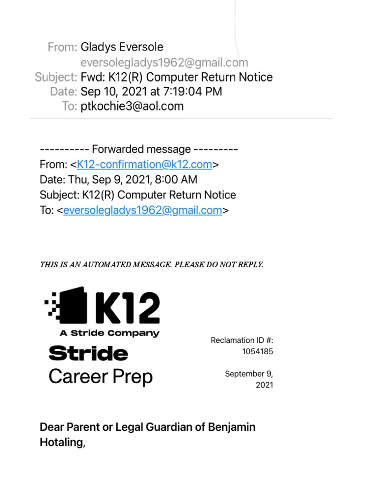 FWD K12 (R) Computer Return Notice | PDF | Technology & Engineering