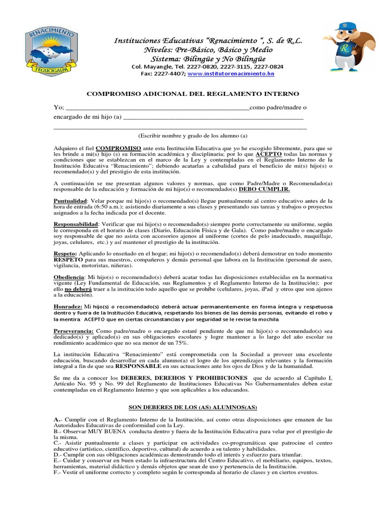 Reglamento Interno Institución Educativa | PDF | Salón de clases ...