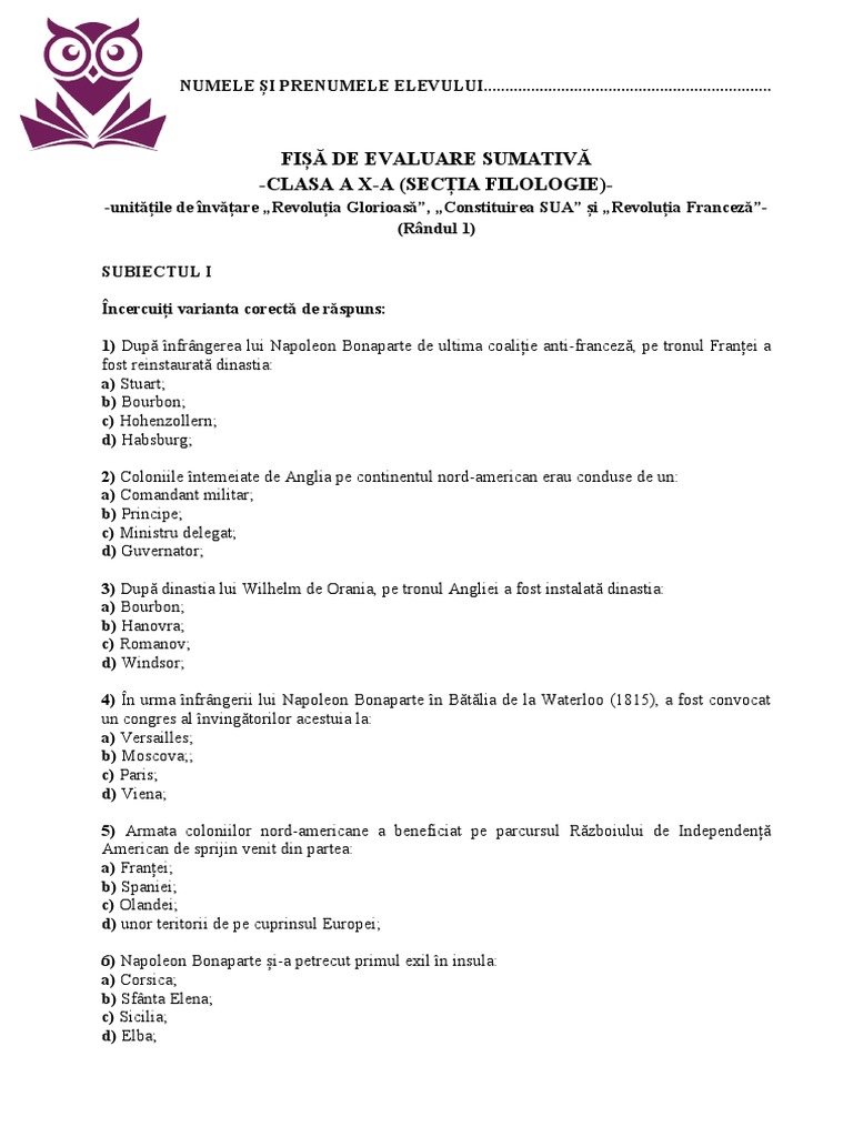 Test de Evaluare Sectia Filologie Randul 1 | PDF
