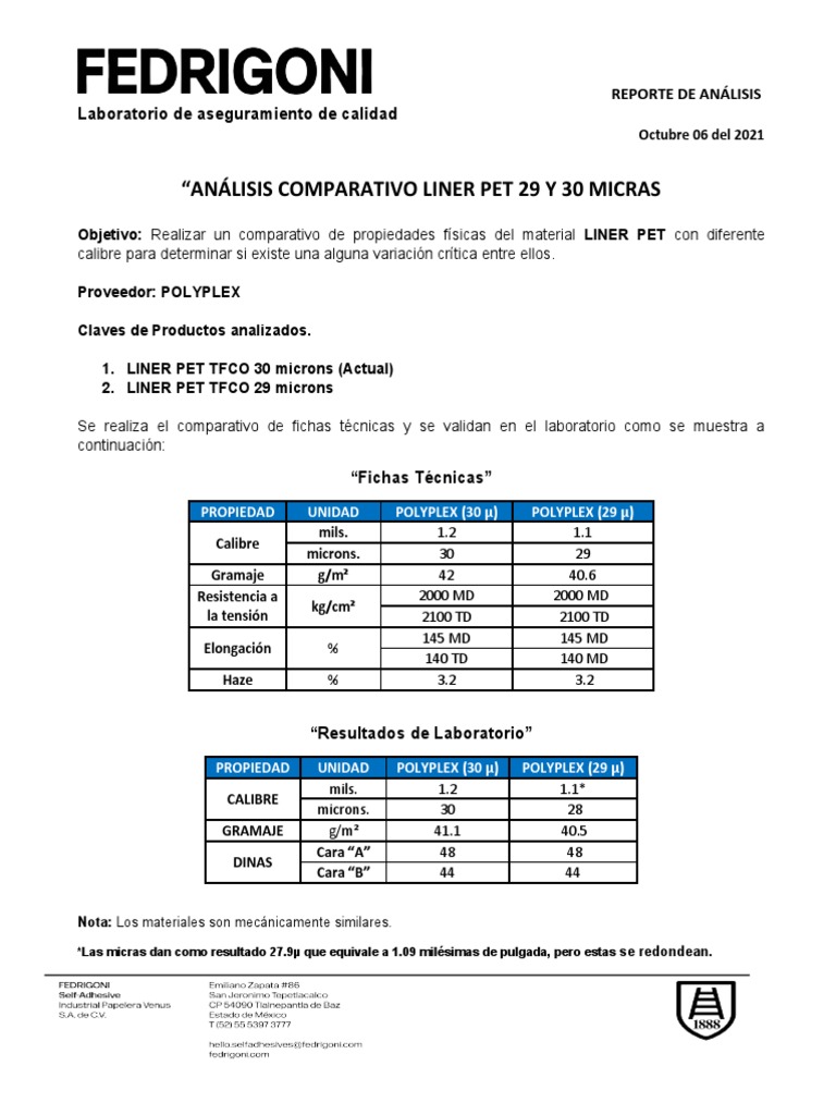 Análisis de Liner Pet Polyplex 29 VS 30 Microns | PDF