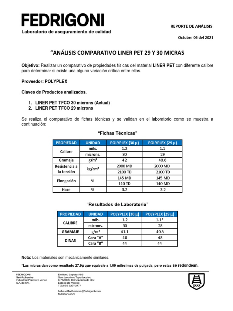 Análisis de Liner Pet Polyplex 29 VS 30 Microns | PDF
