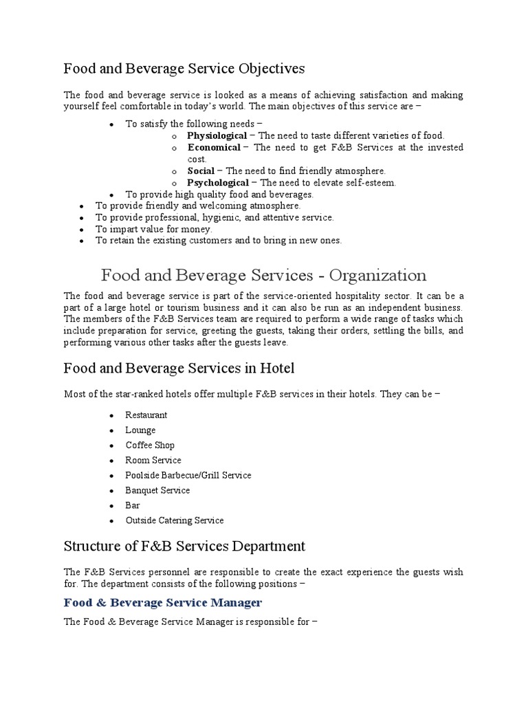Objectives of Food and Beverage Service | PDF | Chinese Cuisine ...