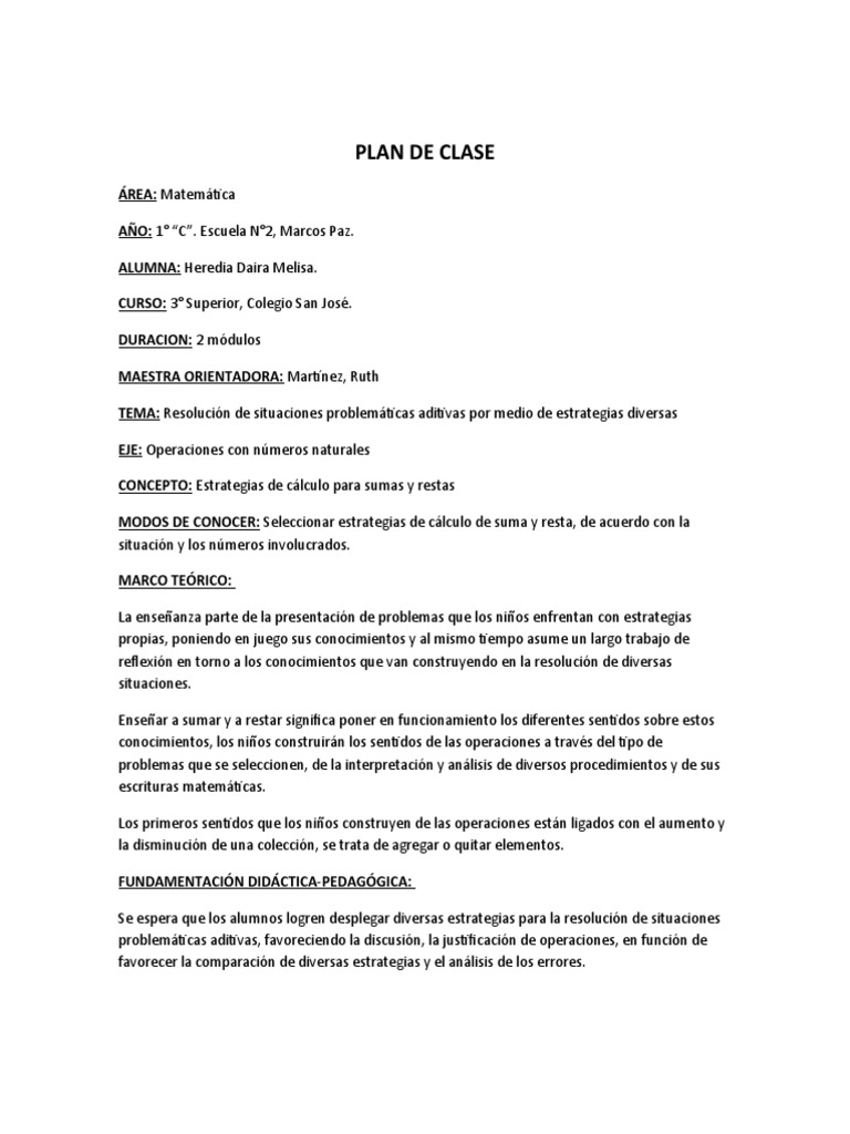 Plan de Clase Matemática | PDF