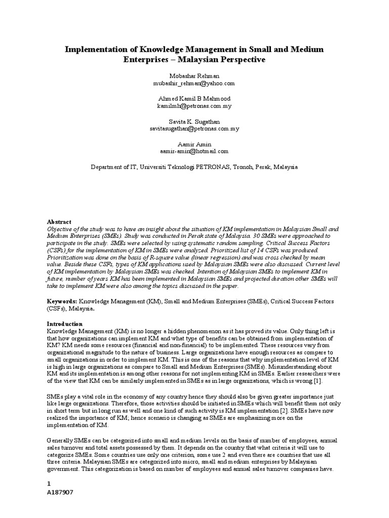 Implementation of Knowledge Management in Small and Medium Enterprises ...