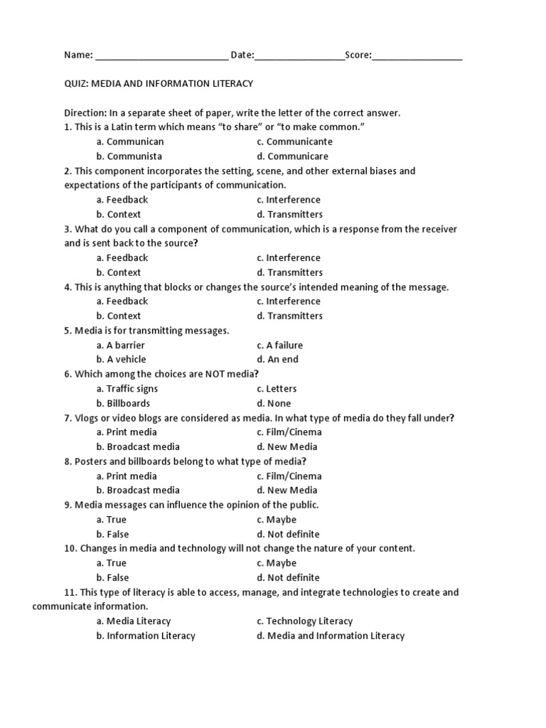 Media and Information Literacy Quiz | PDF | Art | Computers
