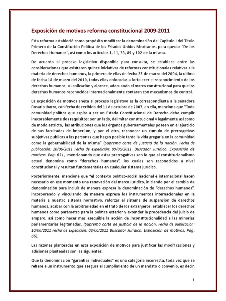 Exposición de Motivos Reforma Constitucional 2009-2011 | PDF ...