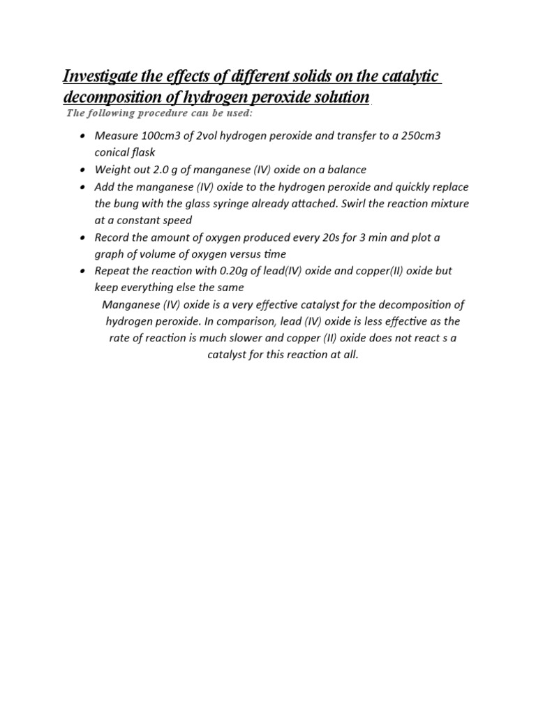 Comparing the Catalytic Effects of Manganese(IV) Oxide, Lead(IV) Oxide