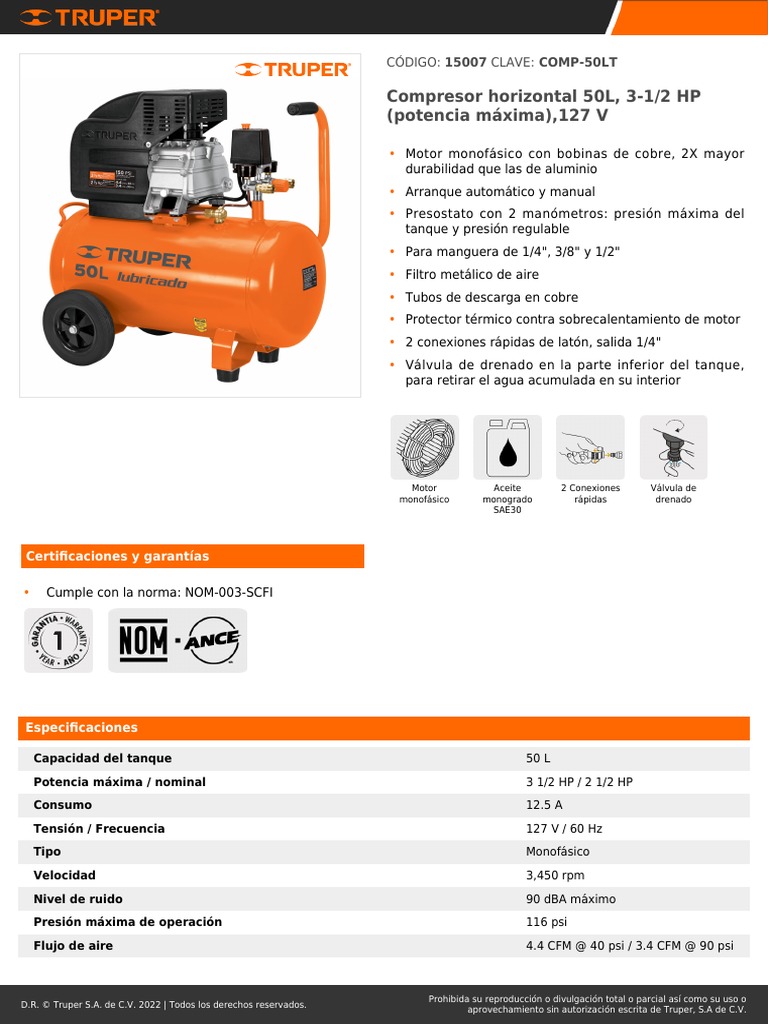 Compresor horizontal 50L, 3-1/2 HP (potencia máxima),127 V