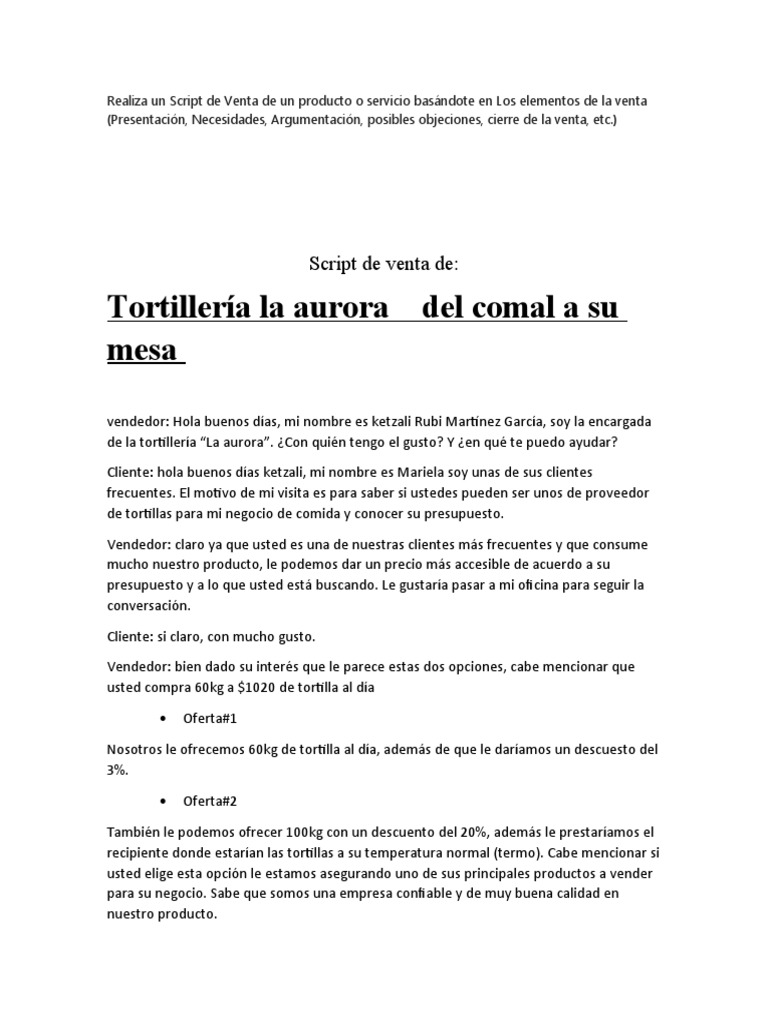Script De Venta De Un Producto O Servicio PDF Cliente Economias