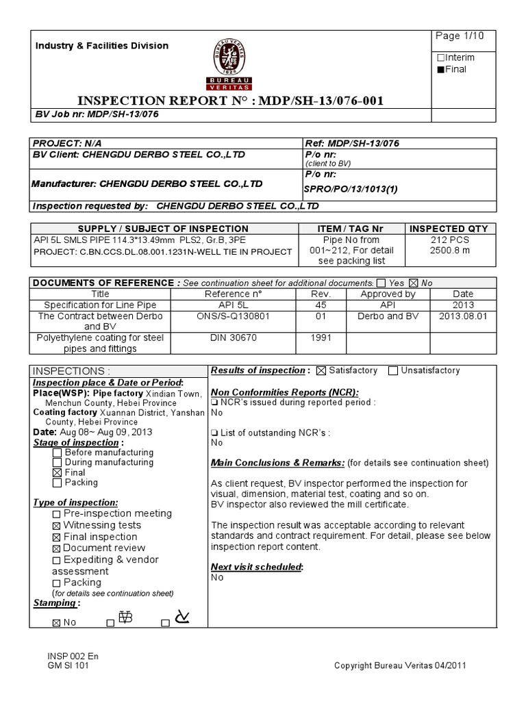 Inspection Report Smls Pipe | PDF | Pipe (Fluid Conveyance)