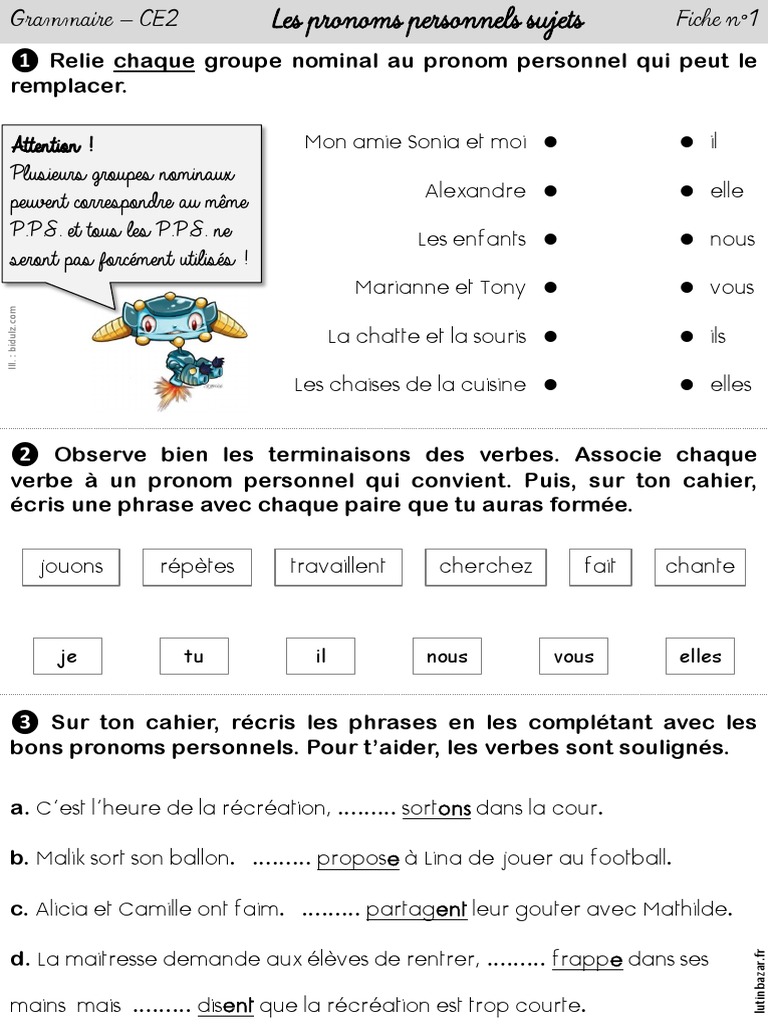 Exercices sur les pronoms personnels CE2 | PDF | Grammaire ...