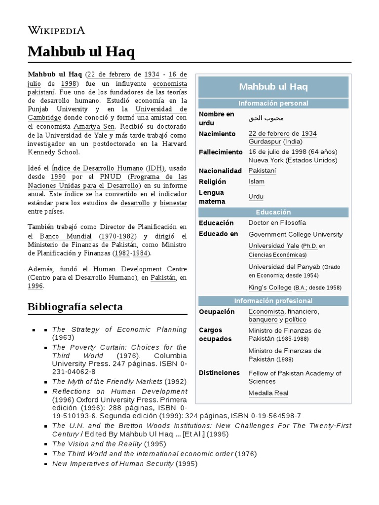 Mahbub Ul Haq | PDF | Índice de Desarrollo Humano | Economias