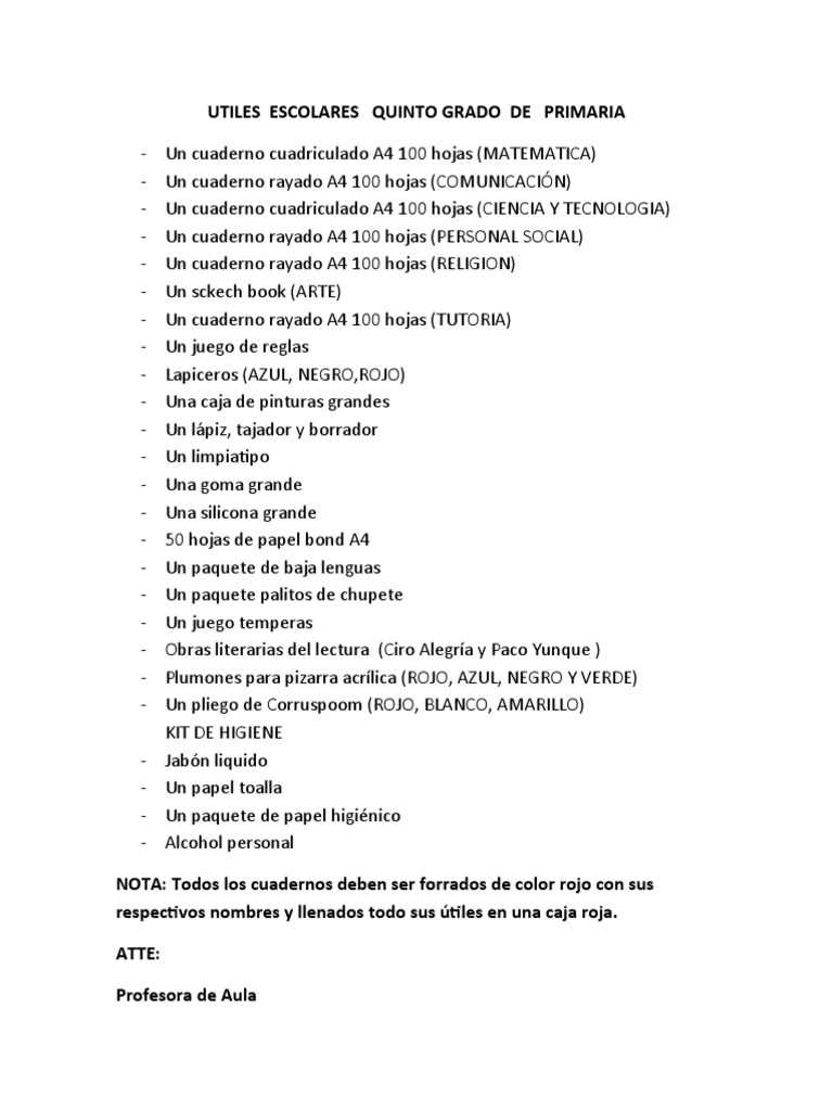 Utiles Escolares Quinto Grado de Primaria PDF