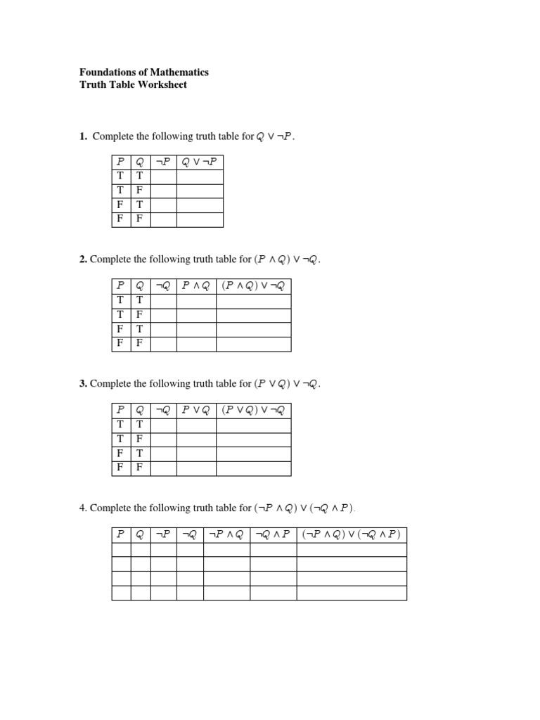 Worksheet 2 Logic (Truth Tables) PDF