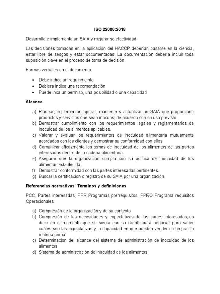 Implementación de ISO 22000:2018 en Inocuidad Alimentaria | PDF ...