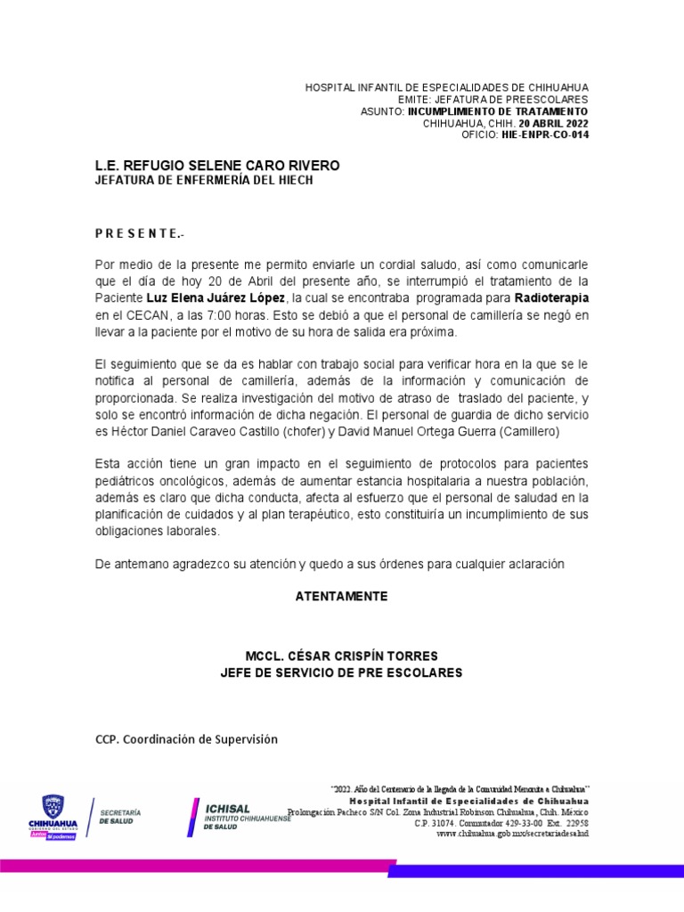 Oficio HIE-ENPR-CO-014 INCUMPLIMIENTO DE TRATAMIENTO | PDF | Medicina ...