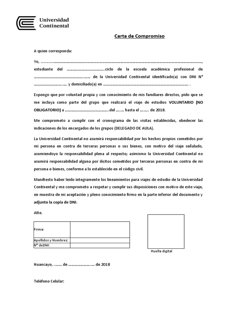 Carta de Compromiso-Viaje de Estudios 2018-EAP Arquitectura.V2 | PDF ...