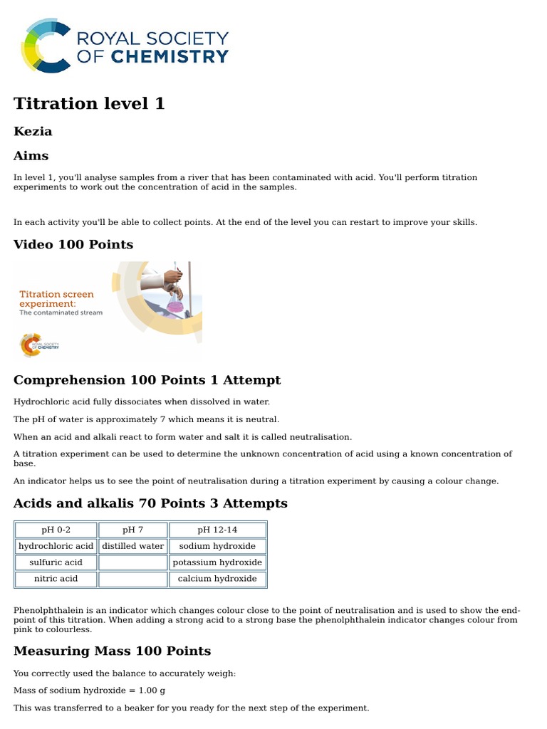 Titration Level 1 Labnotebook PDF Titration Chemistry