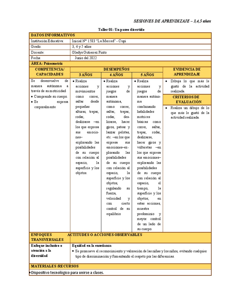 Sesiones de Aprendizaje para Niños de 3 a 5 Años | PDF | Aprendizaje ...