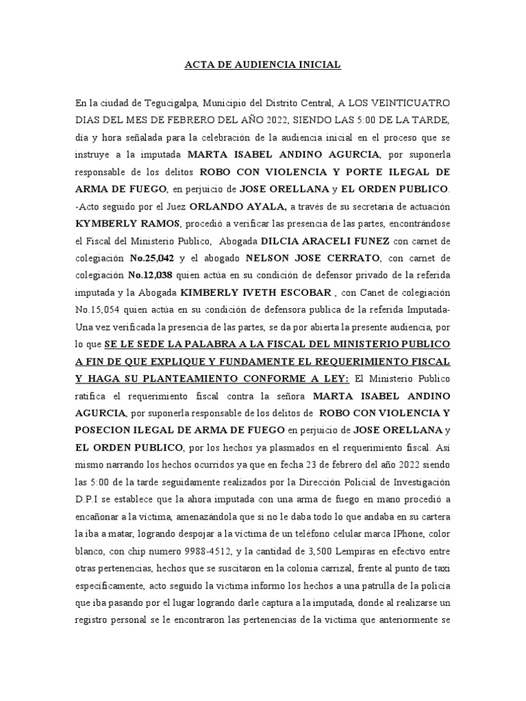 Acta de Audiencia Inicial | PDF | Robo | Derecho penal