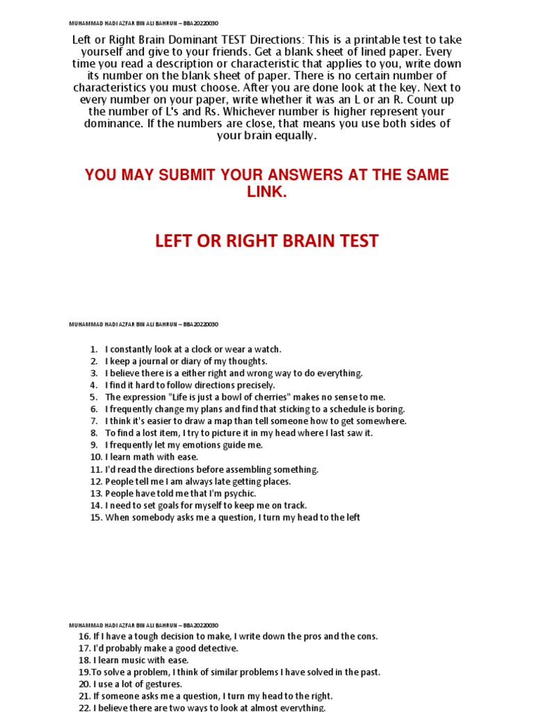 Left or Right Brain Test PDF Psychological Concepts Neuroscience