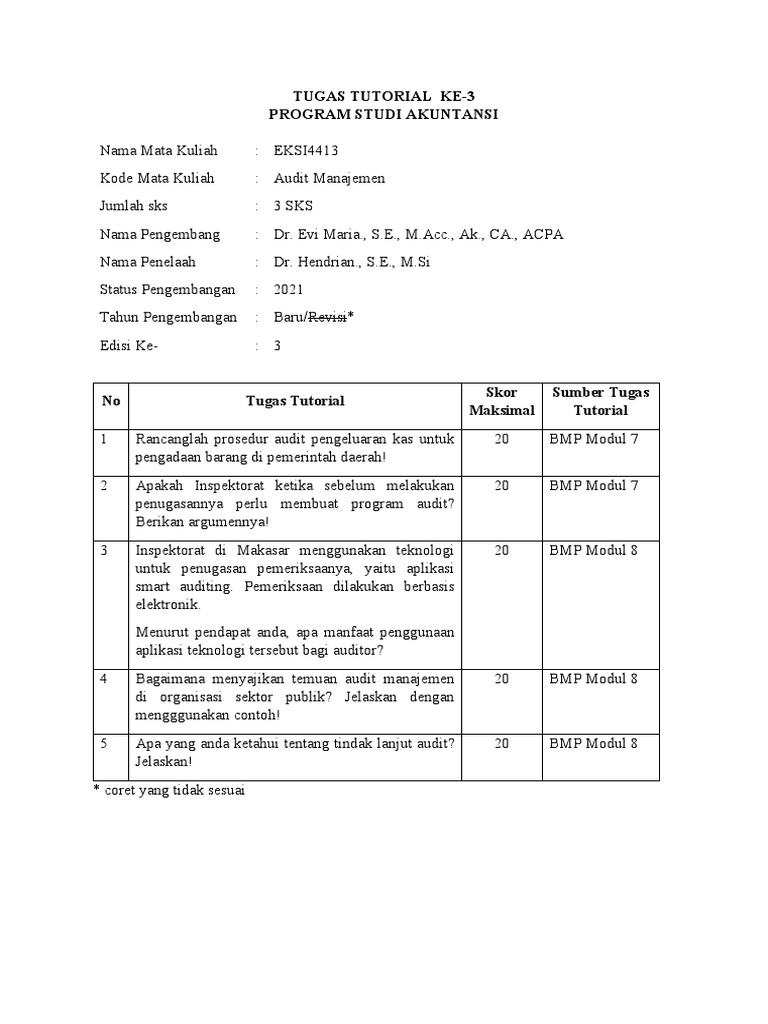 Tugas Tutorial Audit Manajemen 2021 Pdf Bisnis Pengelolaan
