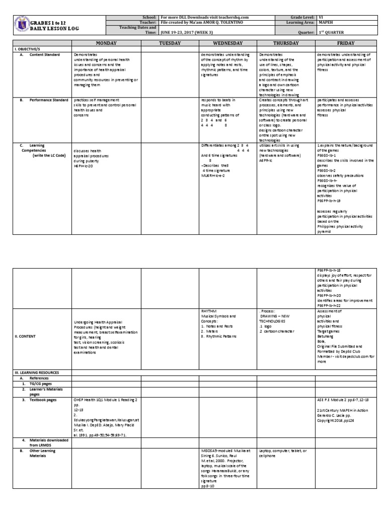 2022 2023 Grade 6 Dll Mapeh 6 Q1 Week 3 Pdf Learning Teachers