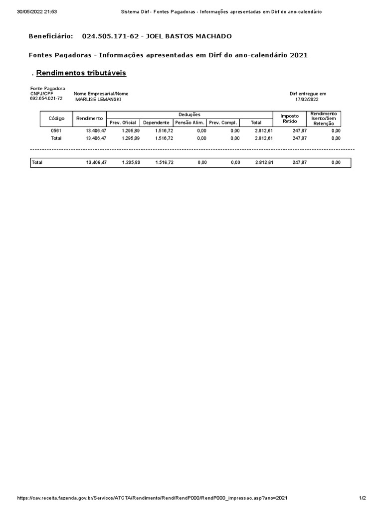 Informações sobre Fontes Pagadoras DIRF 2021 | PDF | Imposto de Renda ...