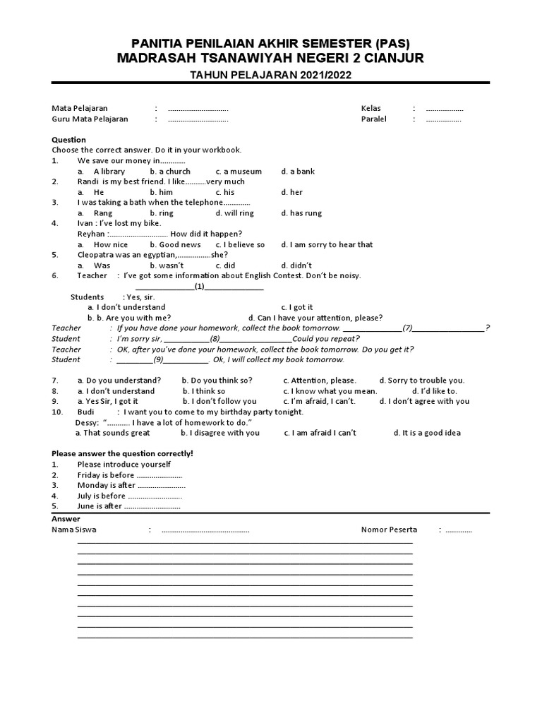 Soal Bahasa Inggris Kelas 8 Pas Tp 2122 Pdf