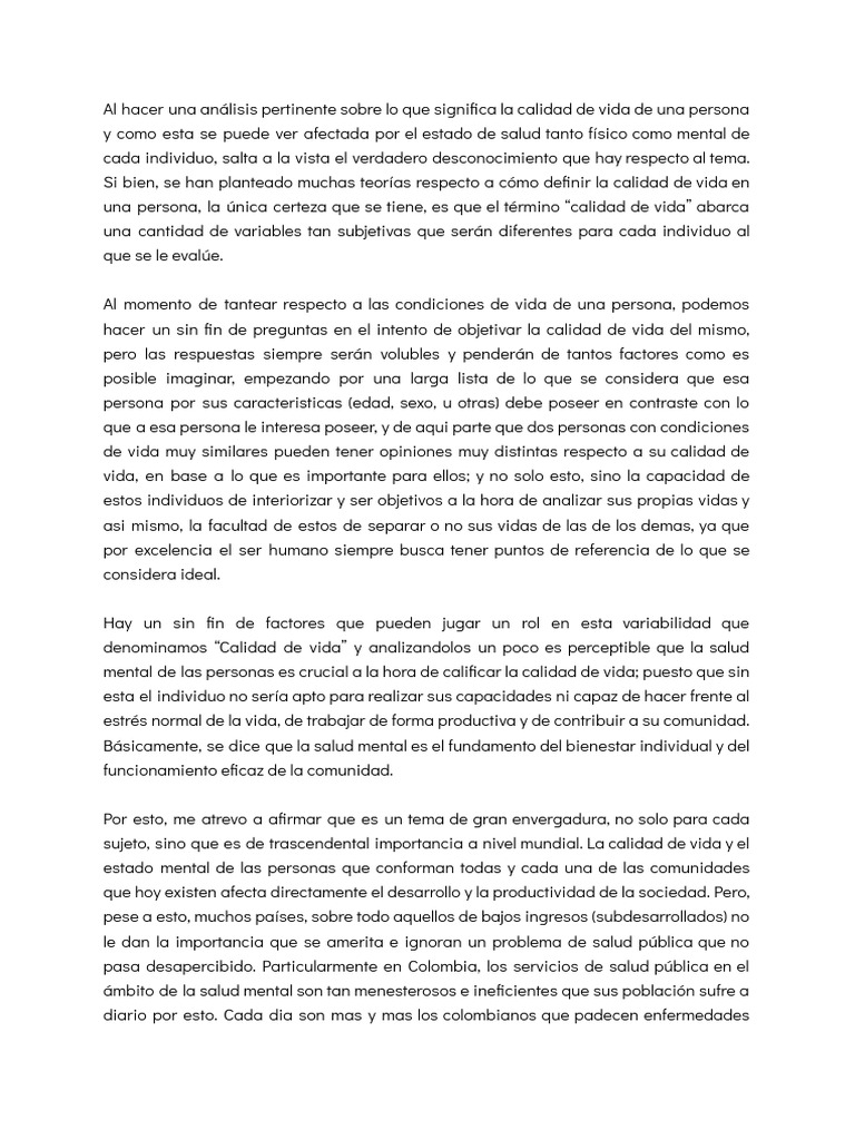 Ensayo Calidad de Vida y Salud Mental | PDF | Salud mental | Mente