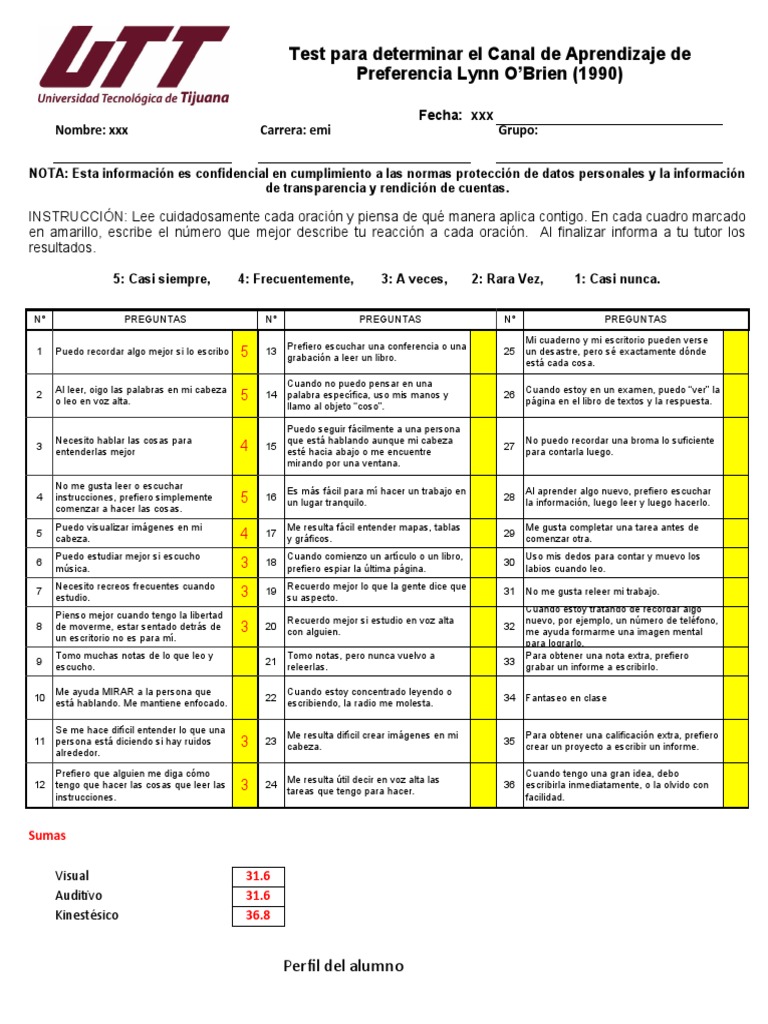 Test de Aprendizaje de Lynn O’Brien | PDF | Prueba (evaluación)