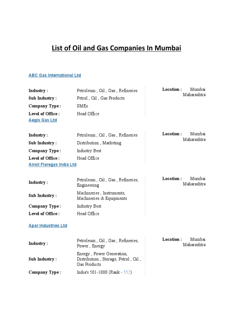 List of Oil and Gas Companies in Mumbai PDF Oil Refinery Petroleum