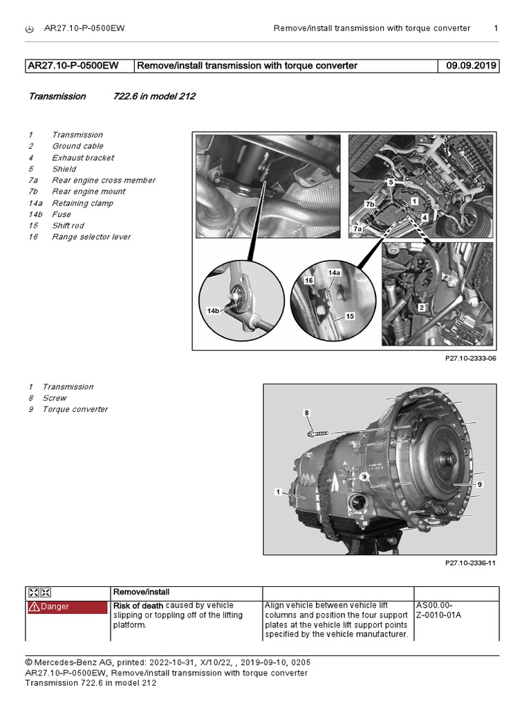 Transmission 722.6 in Model 212 AR27.10P0500EW Remove/install