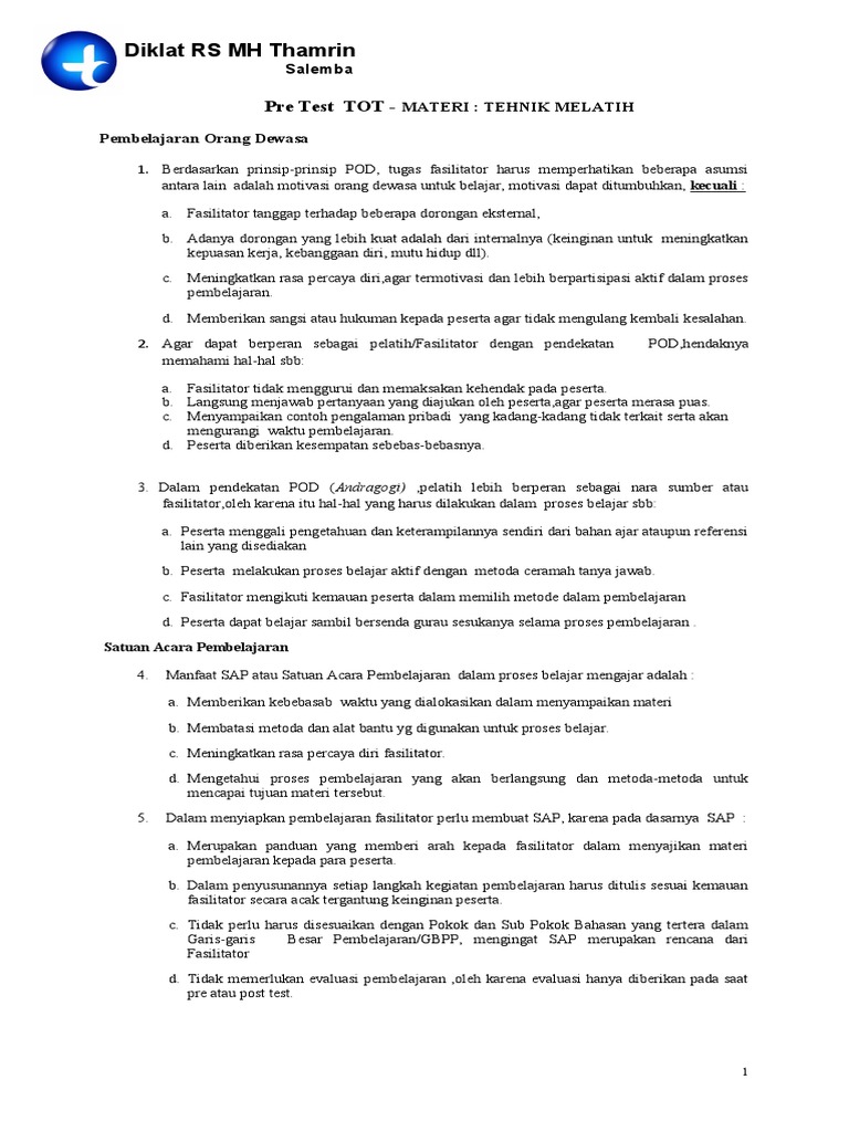 Pre Post Test Tehnik Melatih Tot Pdf