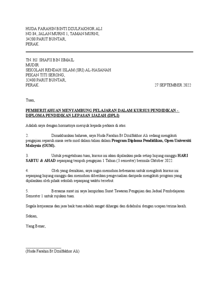 SURAT PEMBERITAHUAN SAMBUNG BELAJAR (Draft) | PDF