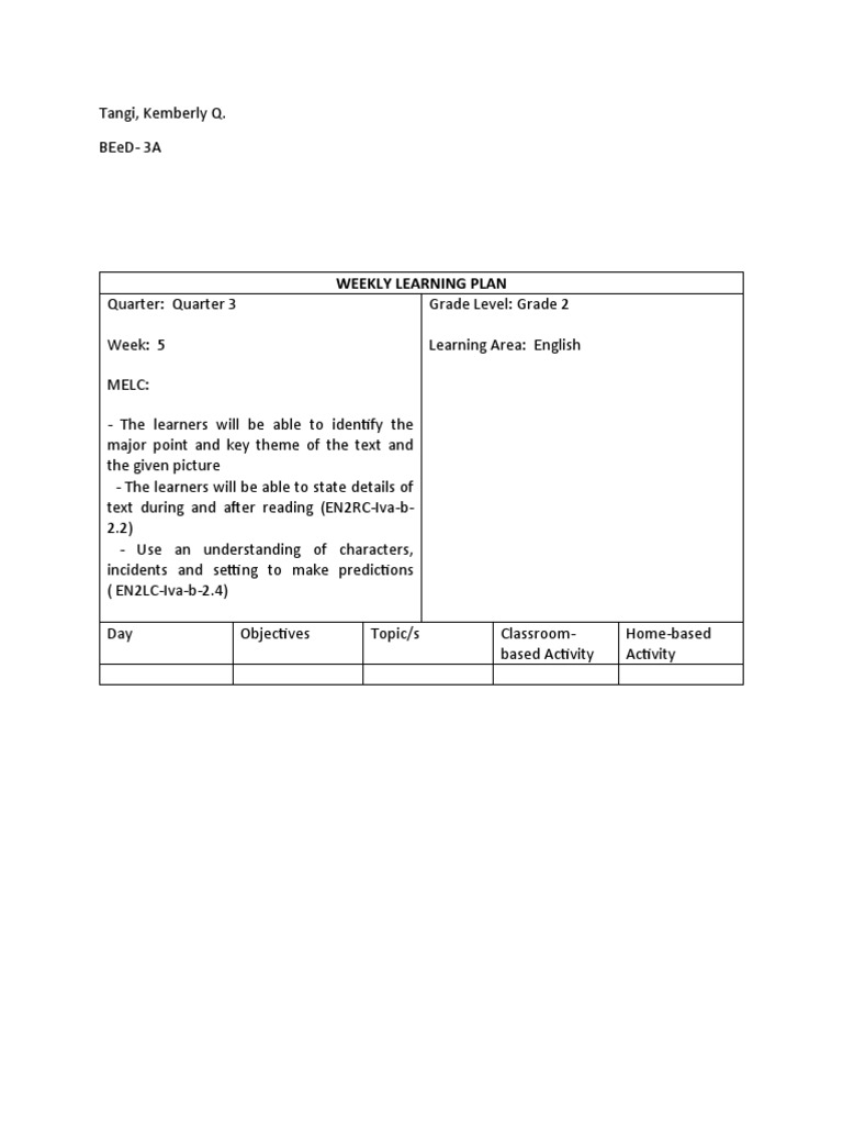 WEEKLY Learning Plan PDF