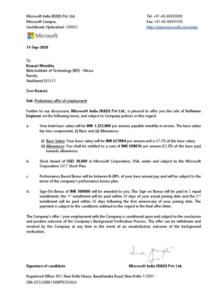 Microsoft India Preliminary Offer Letter | PDF | Business | Economies