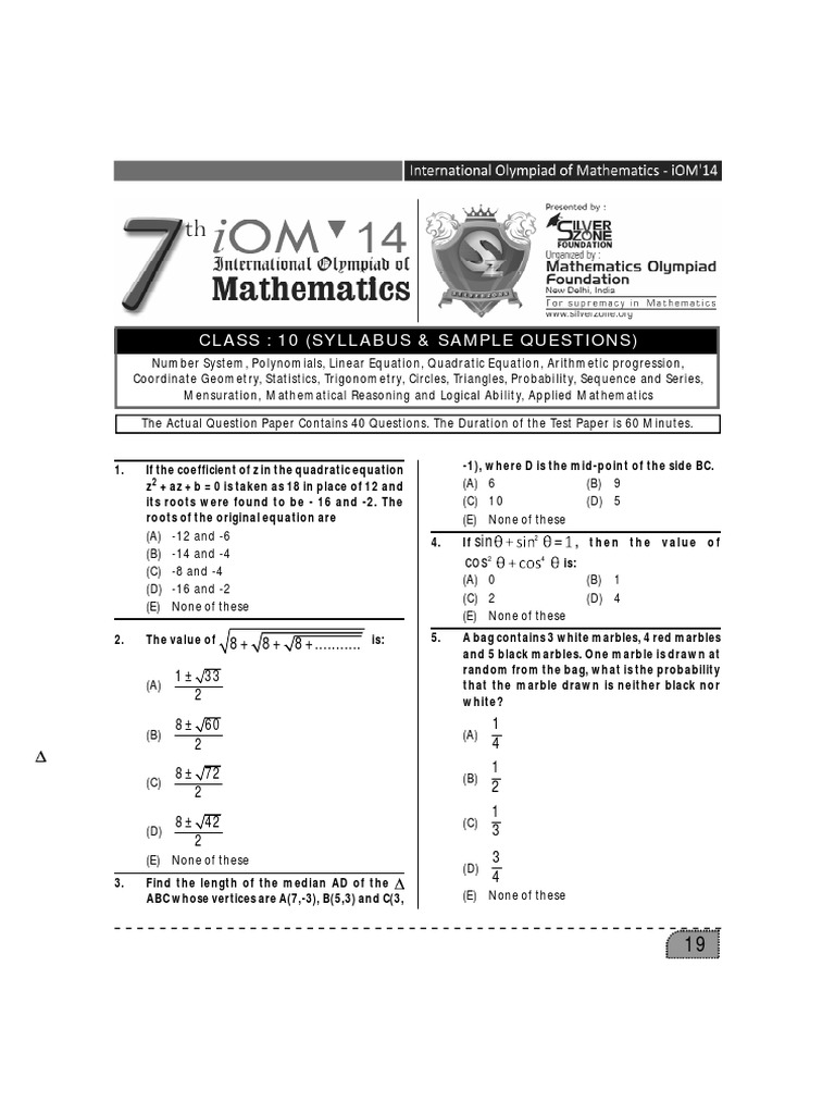 Olympiad iom 2014 class 10 mathematics pdf equations mathematics