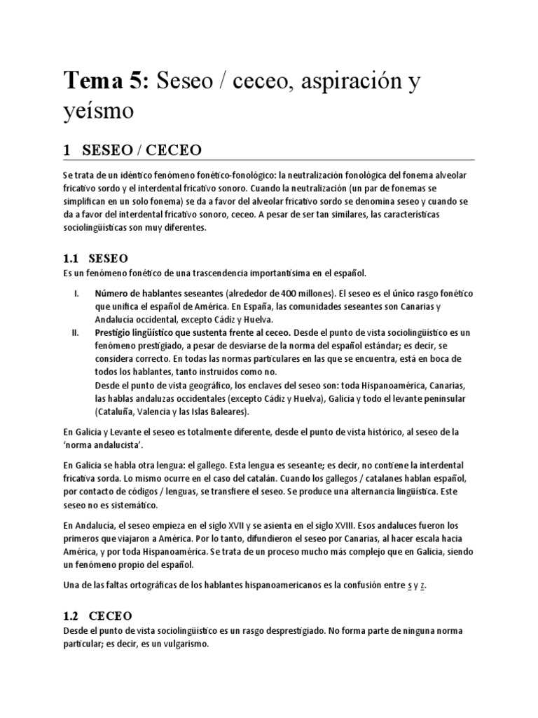 Seseo / Ceceo, Aspiración y Yeísmo PDF Fonema Lingüística