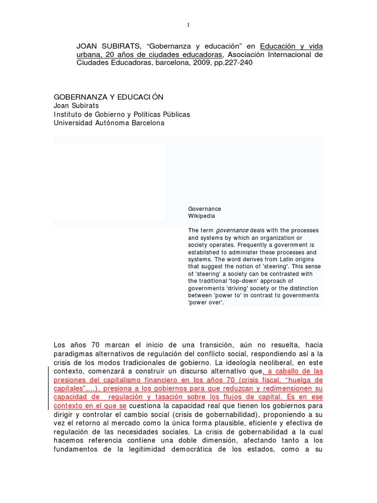 Gobernanza y educación en la sociedad actual | PDF | Política