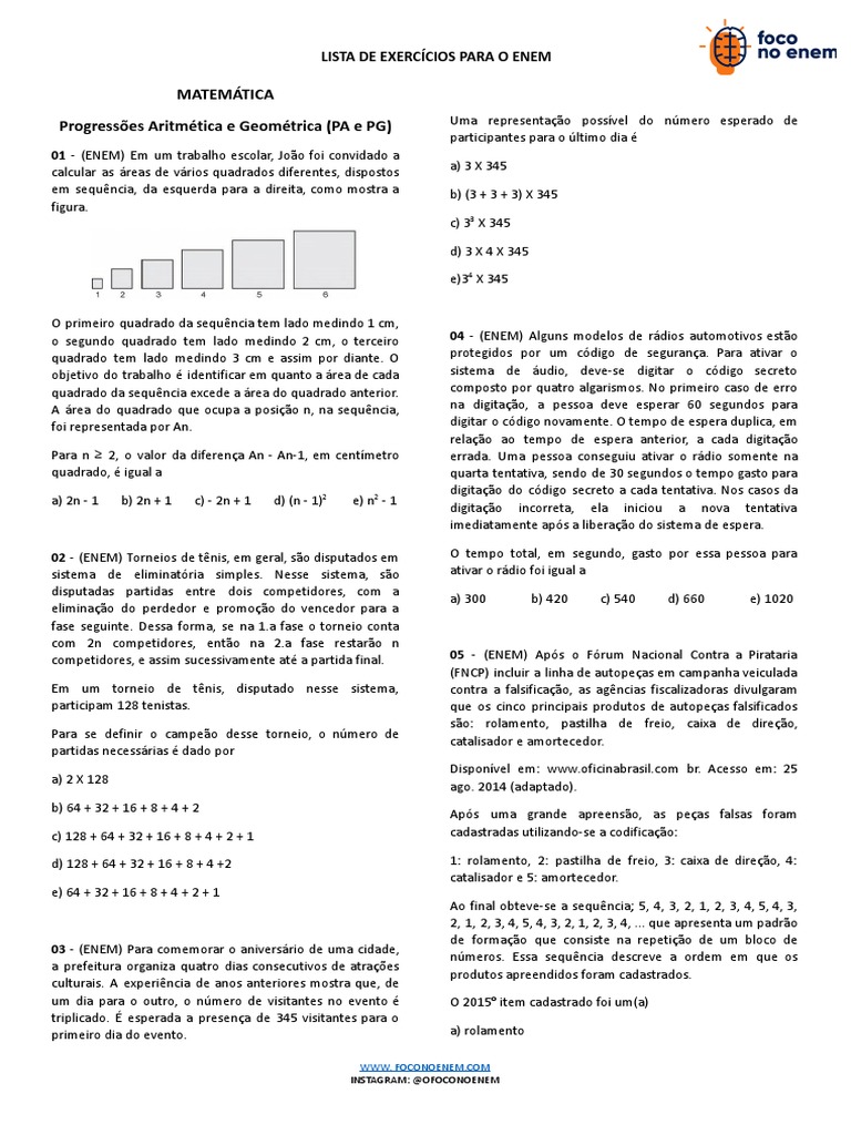 Listas de Questoes Exercicios de Progressao Aritmetica PA e Progressao ...
