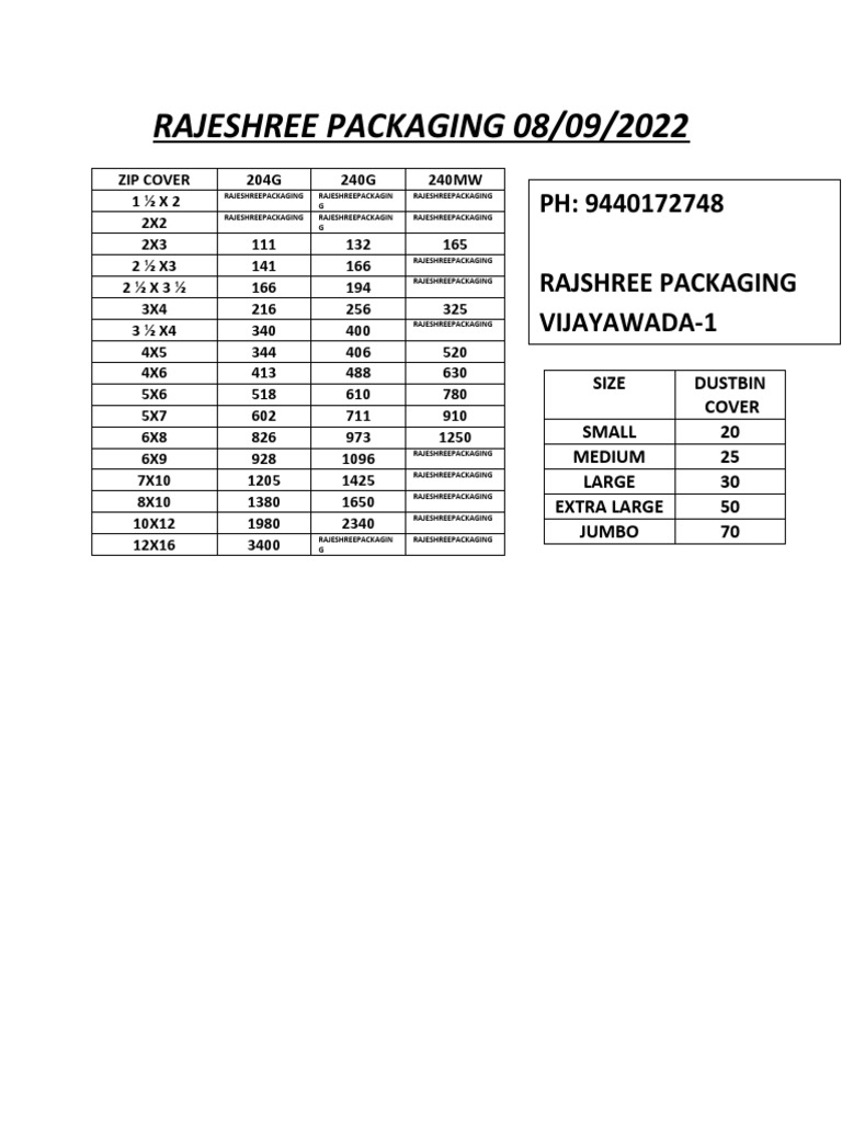 Rajeshree Packaging Product Sizes Guide | PDF